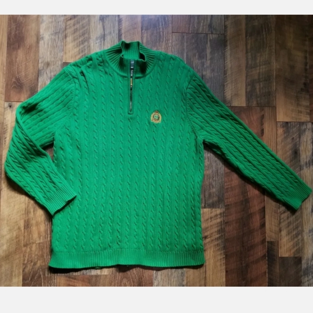 SOLD Ralph Lauren XXL Women's Sweater Green 100% Cotton Green Cable Knit 1/2 Zip